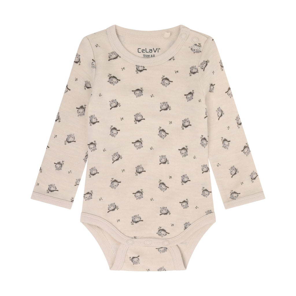 Wolle/Bambus Body Baby mit Eulenprint, Mocha Meringue