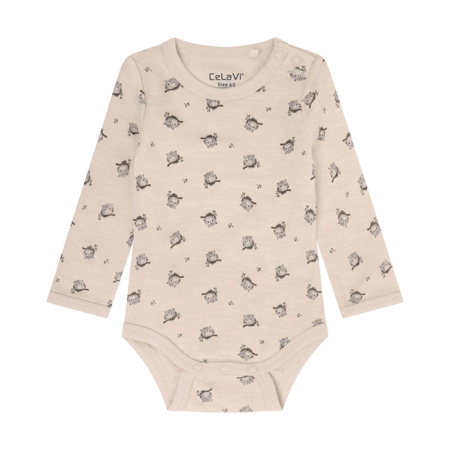 Wolle/Bambus Body Baby mit Eulenprint, Mocha Meringue