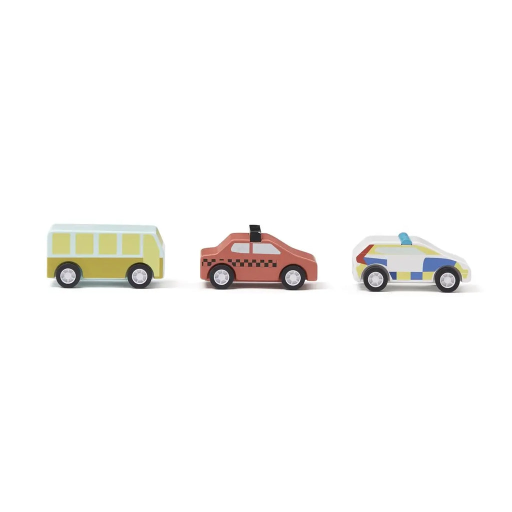 Kids Concept Rückzieh-Autos mit Bus, Taxi und Polizeiauto für Kinder ab 18 Monaten.