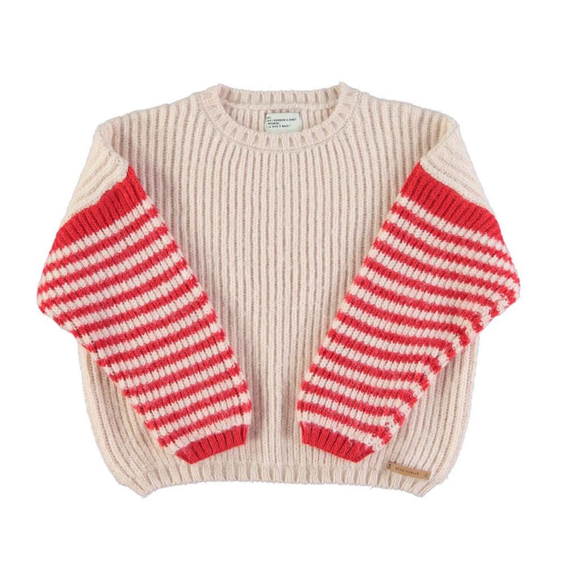 Piupiuchick Kinder Strickpullover Hellbeige mit roten Streifen bei Yay Kids