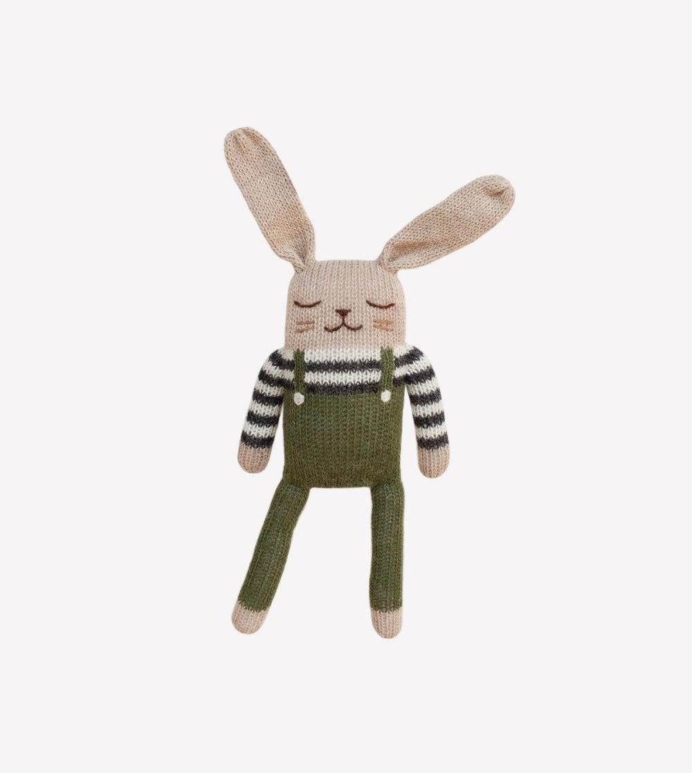 Knitted Stuffed Animal with Knitted Dungarees in Olive Green