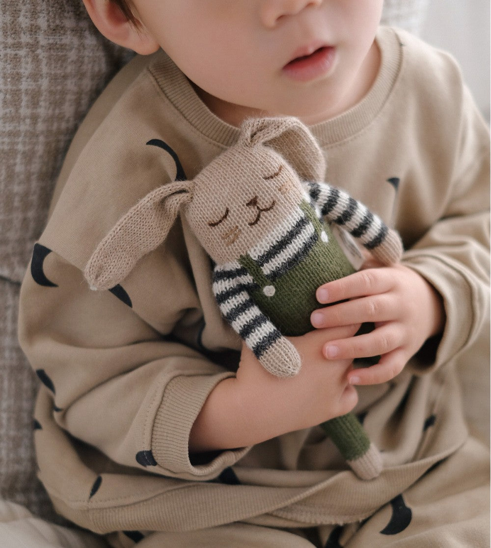 Knitted Stuffed Animal with Knitted Dungarees in Olive Green