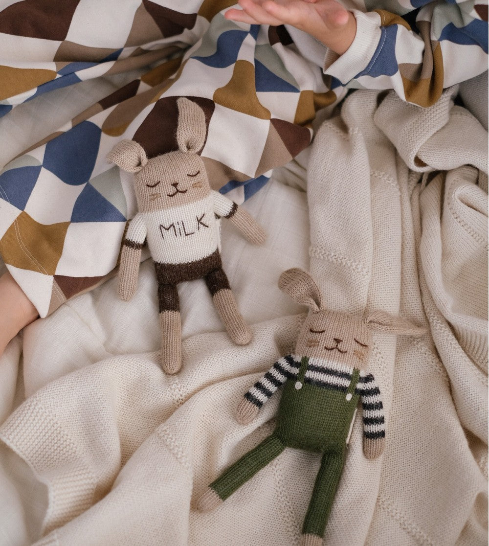 Knitted Stuffed Animal with Knitted Dungarees in Olive Green