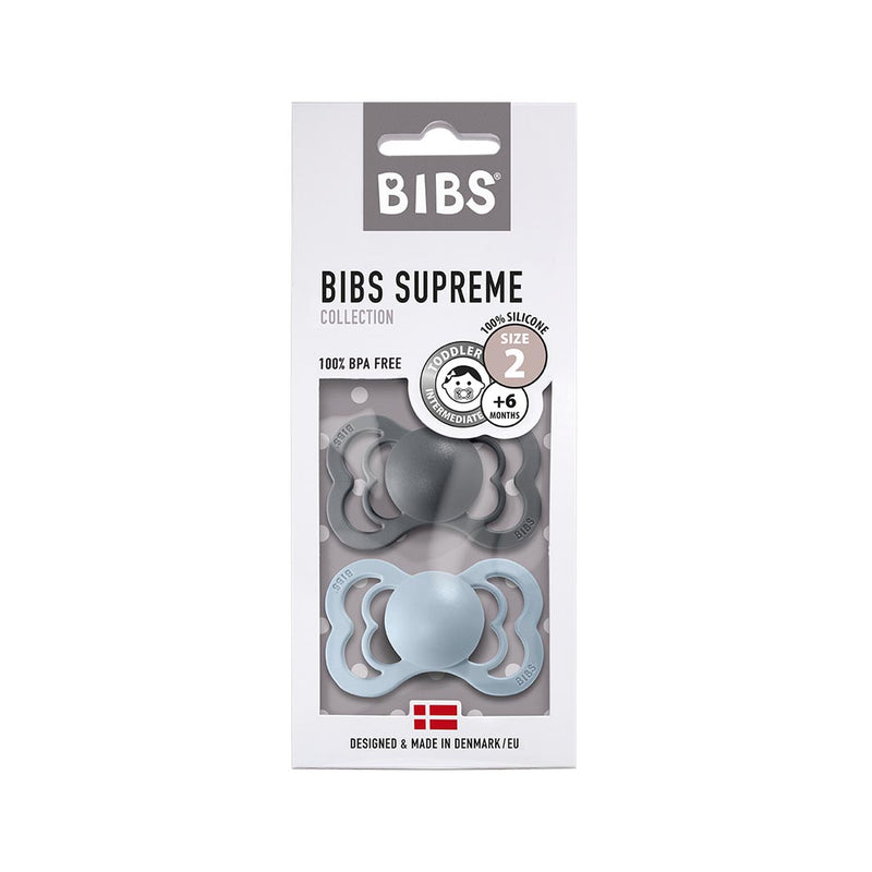 Bibs Supreme Schnuller 2er Pack Baby Blue Iron Grösse 2 bei Yay Kids