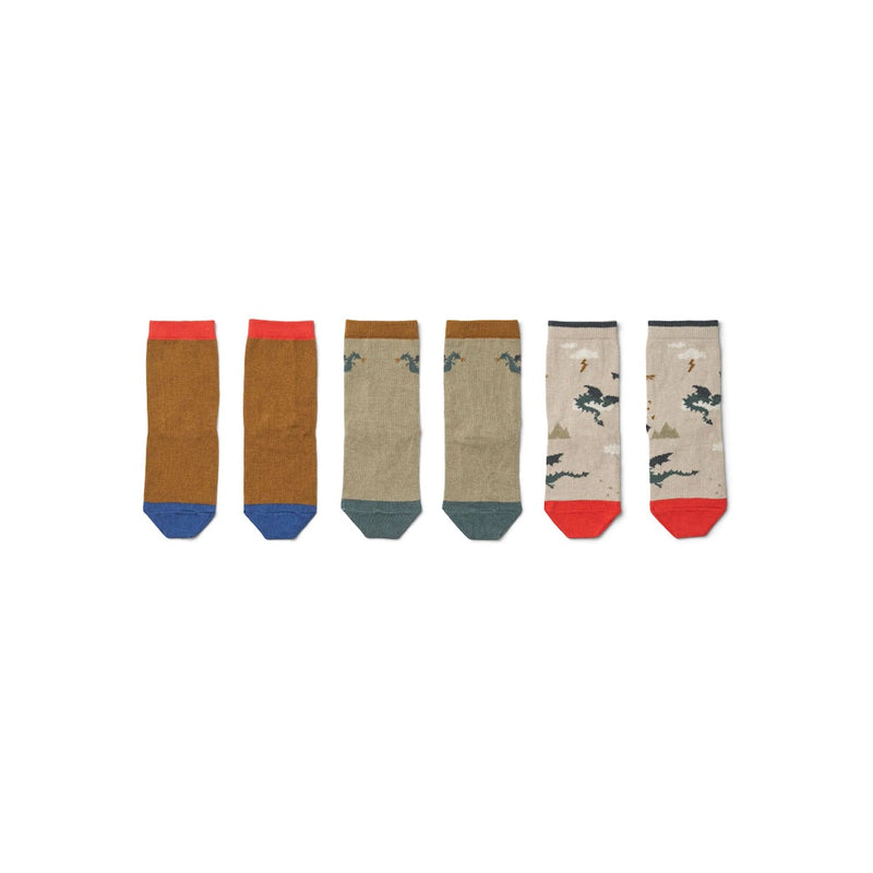 Liewood Kinder Socken 3 Pack Silas Little dragon / Dark sandy mix bei Yay Kids