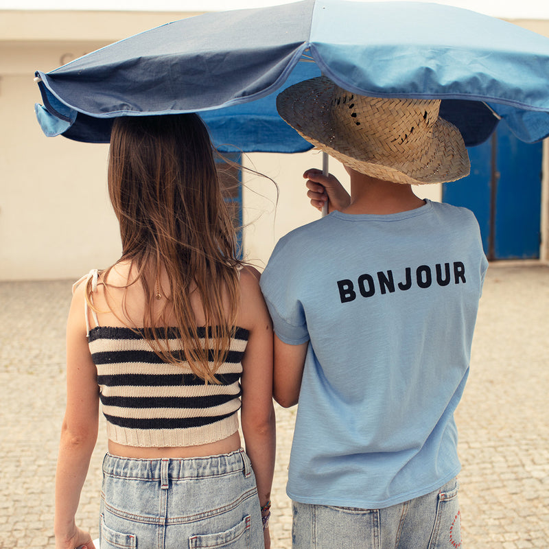 T-shirt blue with "Hello in French" print